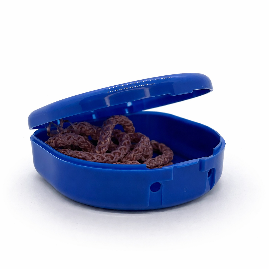 Retainer case with flat blue strap