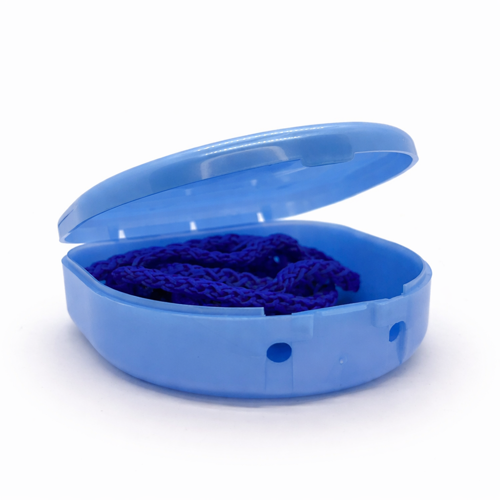 Retainer case with flat light blue strap