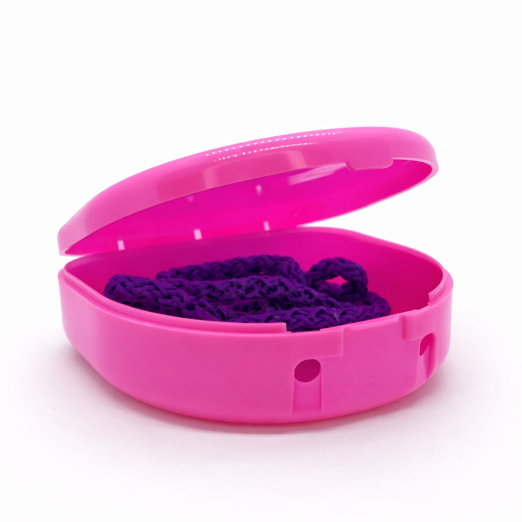 Retainer case with flat pink strap